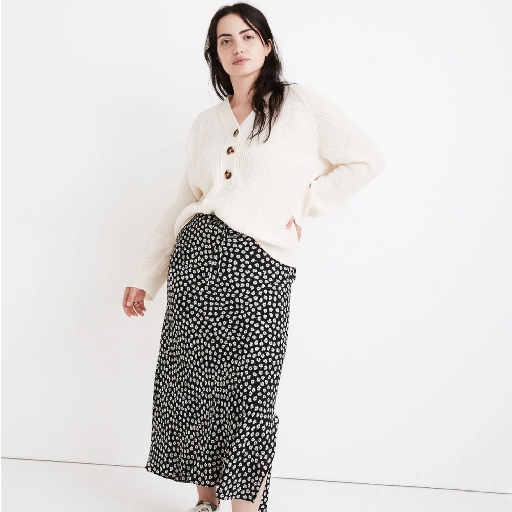 Drawstring Midi Slip Skirt in Woodcut Flowers